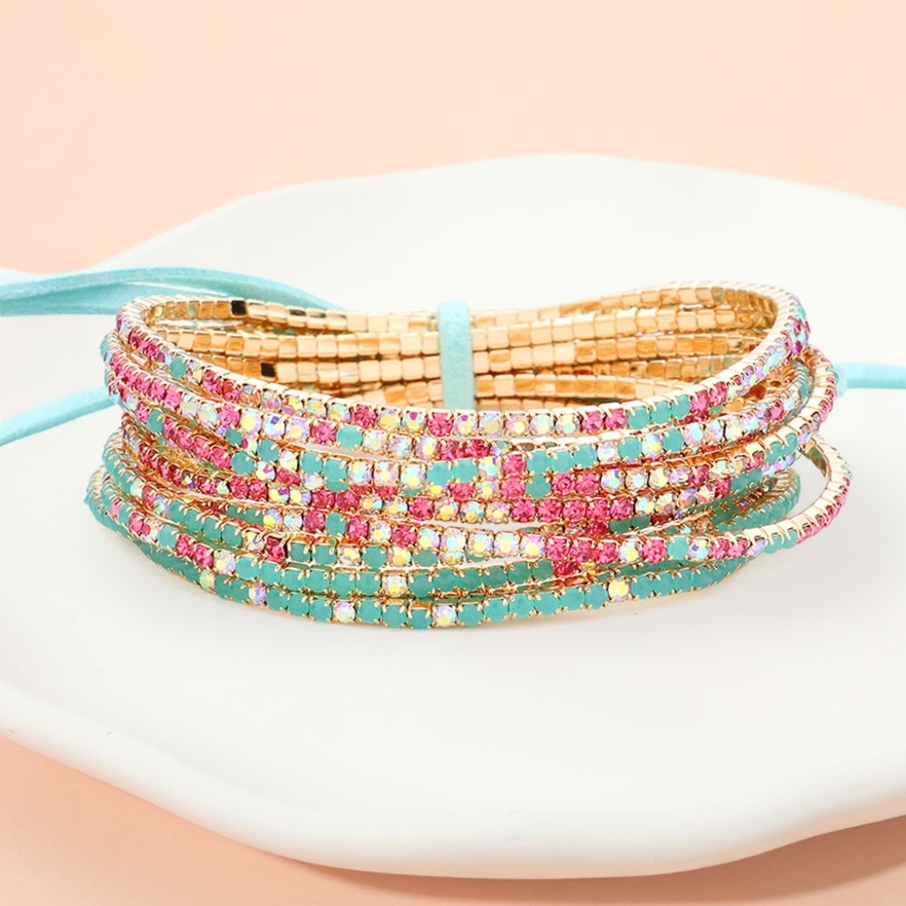 Turquoise Pink Gold Rhinestone Crystal 12 Pcs Layered Stretch Bracelets Jewelry